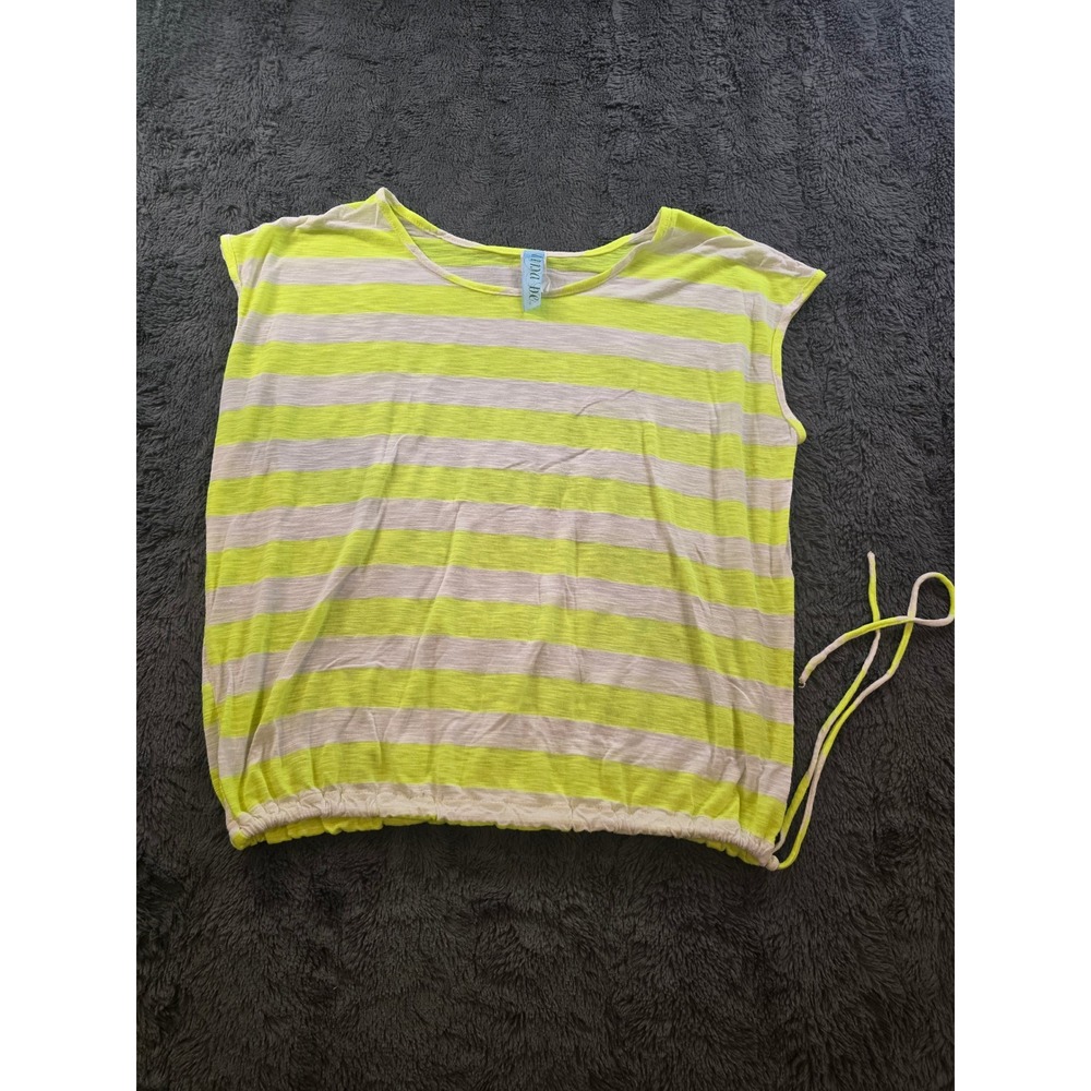 Dina Be Womens Neon Yellow White Striped Sleeveless Cinched Hem Top Size Medium